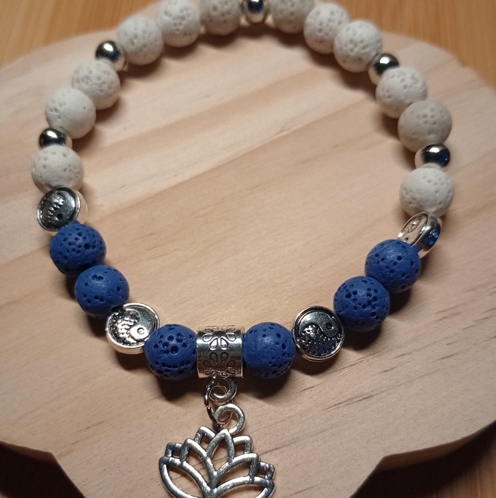 Lotus Flower Charm And Lava Stone Beaded Bracelet - Blue and White